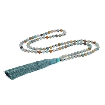 Imagen de COAI Collar Japa Mala con Borla y 108 Cuentas Anudatas a Mano de Amazonita Rosario Budista Oración Protección para Yoga Meditación