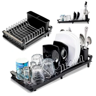 Imagen de JUPPLIES Escurreplatos sobre Fregadero Extensible con Sistema de Drenaje Escurridor Platos Plegable Soporte para Cubiertos Escurre Acero Inoxidable 28x20cm