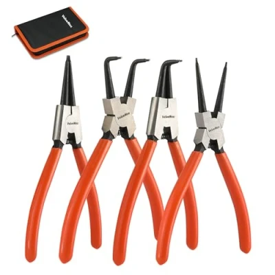 Imagen de ValueMax 4PC Juego de Alicates para Anillos Elásticos 180mm, Circlip, con Bolsillo, Interno y Externo, Puntas Rectas Curvas, Anillo a Presión