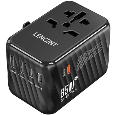 Imagen de LENCENT Adaptador Enchufe Universal GAN III 65W, Cargador Internacional con 2 USB A y 3 Tipo C PD Carga Rápida, de Viaje para Móvil, Tableta, Portátil (EU/USA/UK/AU), Negro
