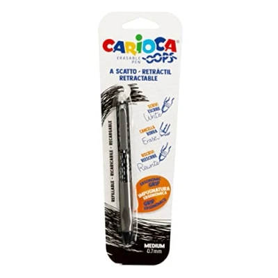 Imagen de Carioca OOPS Bolígrafo borrable con tinta termosensible. Contiene 1 bolígrafo. Perfecto para escribir, borrar y volver a escribir. Goma incluída. Trazo 0,7mm. Color Negro