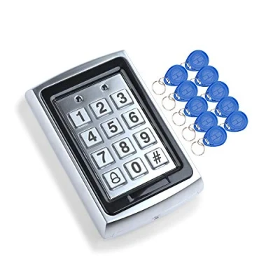 Imagen de HFeng Lector de Tarjetas EM con Teclado Control Acceso Metal RFID 10 llaveros EM4100 + Cubierta Protectora Impermeable para Sistema Puerta (Keypad+10 Teclas)