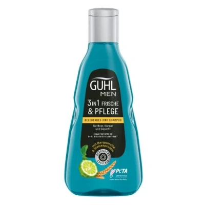 Imagen de Guhl Champú fresco y cuidado Para hombre 3 en 1. Contenido: 250 ml. cabello, cuerpo cara. Tipo de cabello: normal