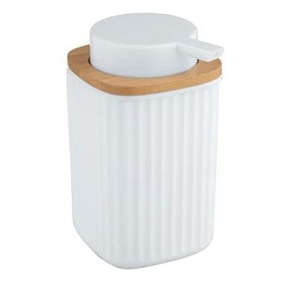 Imagen de Wenko Dispensador de jabón Rotello, dosificador Recargable, Capacidad 250 ml, Fabricado con plástico Detalles bambú, Apto para lavavajillas, 8,9 x 12,7 7,5 cm, Blanco/Natural