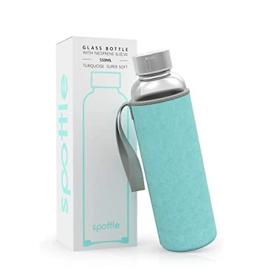 Imagen de Spottle botella de vidrio con tapa neopreno 500ml, 750ml o 1l protectora y tapón rosca agua para deporte, niños bebidas carbonatadas apta el lavavajillas