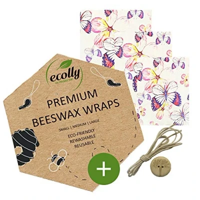 Imagen de ecolly Toallitas de cera abejas Juego 3 (S, M, L), Papel abejas, Premium Beeswax Wraps, sin plástico y reutilizable, aceite jojoba Butterfly