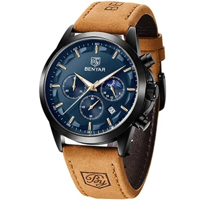 Imagen de BENYAR Relojes Hombre Cronografo Analógico Impermeable de Pulsera Luminoso Fecha Negocios Casual Diseñador Reloj Banda Cuero Regalo Elegante