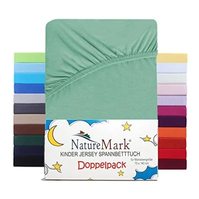 Imagen de NatureMark Juego de 2 sábanas bajeras ajustables para niños, 100% algodón, cuna y cuna, 70 x 140 cm, jade