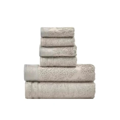 Imagen de Costa del Pacífico Textiles Damasco Jacquard Toallas con Adornado Frontera Set, algodón, Gris, tamaño Individual, Juego de 6