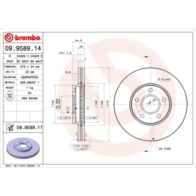 Imagen de BREMBO 09.9589.14 Disco de freno 278 24 5 ventilación interna FORD: Tourneo Connect, Transit Connect Mk1 Furgón