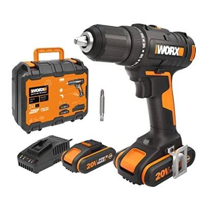Imagen de Taladro atornillador 20V Máx. Worx PowerShare WX108 ligero 2 baterías 2Ah, cargador y maletín Portabrocas 13mm, 45Nm Luz LED punta de atornillar doble