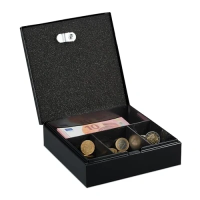 Imagen de Relaxdays Caja de Dinero con Llaves, Bandeja Extraíble, 4 Espacios, Cambio y Billetes, 6 x 17 17,5 cm, Hierro, Negro