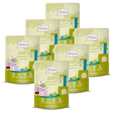 Imagen de MjAMjAM Comida húmeda Premium para Gatos Quetschie Senior Duo de Pato tierno y Conejo, 6 Pack (6x300g), sin Cereales