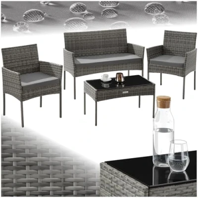 Imagen de TecTake® Conjunto Jardin Exterior de Ratán, Muebles para 4 Personas, Terraza con Mesa Vidrio, Sofa y Sillas Cojines Lavables, Sillon Cómodo Gris