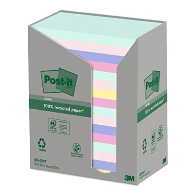 Imagen de Post it Notas Recicladas, Paquete de 16 Blocs Notas, 100 Hojas por Bloc,76 mm x 127 mm, Verde, Rosa, Azul, Amarillo Adhesivas Hechas Papel 100% Reciclado