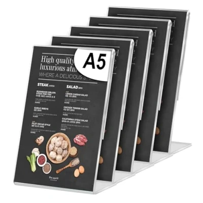 Imagen de HOSPAOP 5 x expositores A5, acrílico inclinado L, soporte para folletos, transparente, DIN alto, con cinta adhesiva de doble cara pósteres, menús, precios, bodas