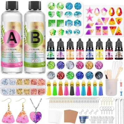 Imagen de JIDJIX 2 partes 400ml Kit Resina Epoxi Transparente para Manualidades Moldes con Lentejuelas, Pigmento, Hoja de Oro hacer Colgante, pendientes, Joyas, Llavero