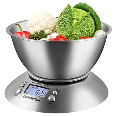 Imagen de UNIWEIGH Báscula de cocina,Digital Gram para cocinar,hornear,dietas,pérdida peso,Bol extraíble 2.15L volumen,Temperatura ambiente,Temporizador,Pantalla LCD retroiluminada,Acero inoxidable,11lb/5kg