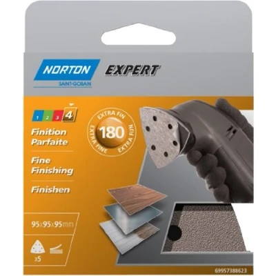Imagen de Norton Expert Lote de 5 triángulos lija perforados (6 agujeros, autoadhesivos, 95 mm diámetro, grano 180)