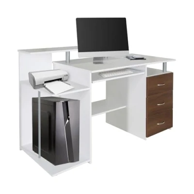 Imagen de hjh OFFICE 830061 Escritorio con cajones y Bandeja para Teclado WORKSPACE H IV 137 x 60 cm, Mesa Ordenador, Blanco/Nogal