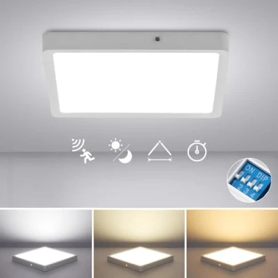 Imagen de Combuh Plafón LED Techo con Sensor Movimiento y Crepuscular, 18W 1800LM Lámpara de Ajustes Tiempo, 3000K 6000K Moderna Cuadrada para Pasillo Garaje Sótano Ø22,5CM