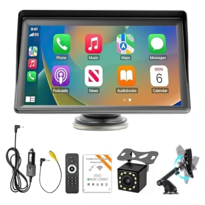 Imagen de EagerMinds Carplay Coche, 7 Pulgadas Inalámbrico, Android Auto con Enlace Espejo, Bluetooth, Cámara de Regreso, AUX/USB/TF para Coches Camiones SUV Camionetas RV Vans (A)