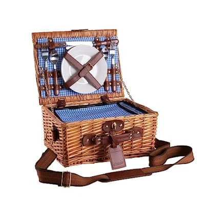 Imagen de eGenuss Cesta de Mimbre para Picnic 2 Personas con Correa Hombro Desmontable, Cubiertos Acero Inoxidable, refrigerador, Copas Vino y Platos en Porcelana Azul