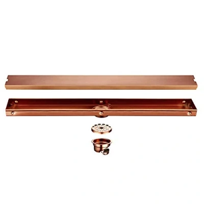 Imagen de Desagüe de ducha lineal Oro rosa, baño acero inoxidable 600 mm, Drenaje suelo rectangular con inserto azulejo antiolor