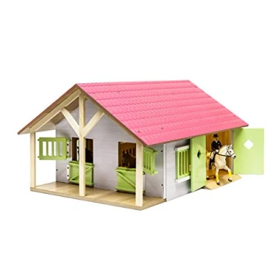 Imagen de Kids Globe Farming 610168 Establo para Caballos (Madera, 1:24, con 2 Cajas, práctico Techo Plegable, Todo Tipo de Figuras Animales)
