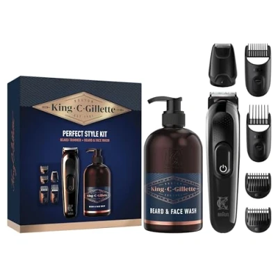 Imagen de King C. Gillette Recortadora Para Hombre, Kit De Regalo, Máquinilla afeitar, Barba Eléctrica Y Gel Limpiador 3 En 1 Barba, Rostro Pelo, 350 ml