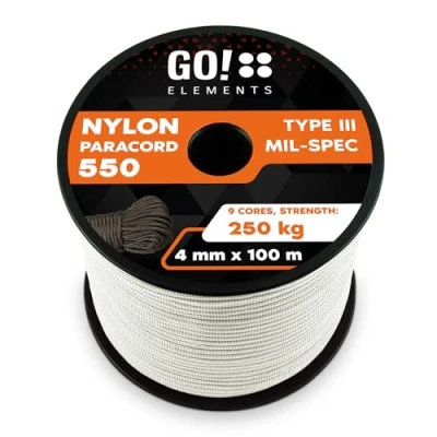 Imagen de GO!elements 100m Paracord de Nylon a Prueba desgarros 4mm 550 Typo III Cuerda Adecuado como Yute &amp; Gruesa MAX. 250kg, Color: Blanco