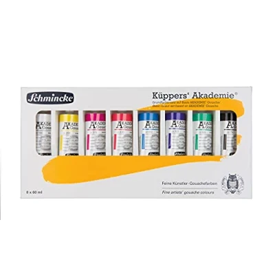 Imagen de Schmincke Küppers Gouache, set de colores básicos, 8 tubos 60 ml, 72 010 097, tonos color en caja cartón, alto poder cubriente, pigmentos seleccionados, teoría del