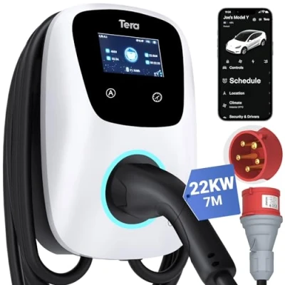 Imagen de Tera EV cargador con Smart APP 16A Tipo 2 11kW 400V CE y TüV wallbox cable de carga 7 metros soporte para el control la aplicación enchufe 3 fases CEE coche electrico W01 Blanco