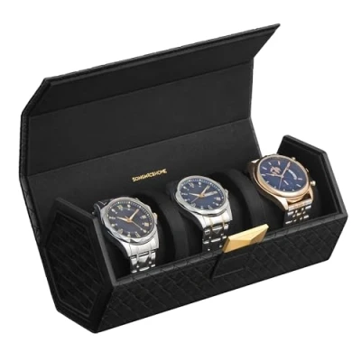 Imagen de SONGMICS HOME RONNE Colección Caja para 3 Relojes de Viaje, Rollo Hexagonal, Tejido PU Repujado, con Almacenamiento Oculto, 9,8 x 21,2 8,7 cm, Idea Regalo, Negro Tinta JWB027B01