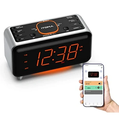 Imagen de iTOMA Despertador de Radio con Control aplicación, Bluetooth, FM, Dual en Cuatro Modos Despertador, Siesta fácil, atenuador, luz Naranja Nocturna, Puerto Cargador USB 208