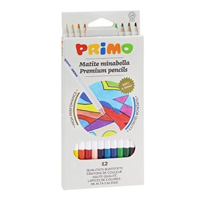 Imagen de PRIMO Lápices de Colores para Niños +3 Años y Artistas con Mina Ø3,8 mm, 12 Profesionales Degradables Color Intenso Colorear Manualidades Creativas, Set Papelería