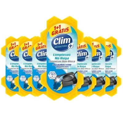 Imagen de Clim Antibacterial 16 Estropajos Salvauñas Especial Vitrocerámicas y Superficies Delicdas Limpia Sin Rayar Fibra Azul Esponja Amarilla.