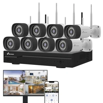 Imagen de NIVIAN Kit Cámaras WiFi SuperHD con Grabador Seguridad Inteligente para Hogar o Negocio, Visión Nocturna, Detección Humana IA, Audio Bidireccional, Fácil Instalación (16 CH 8 Cámaras, CCTV)
