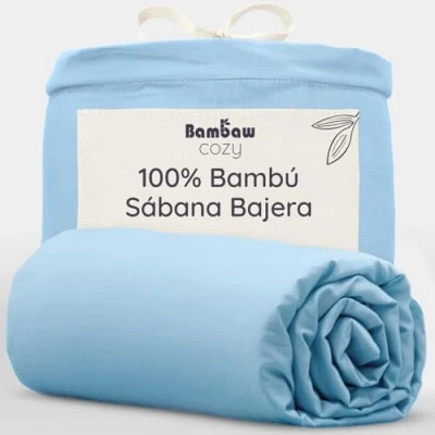 Imagen de Sábana Bajera de Bambú Azul Claro 180x200 cm Suave y Lujosa Fitted Sheet Tejido Microfibra Bambu Bed Sheets Sostenible Hipoalergénica Transpirable Bambaw