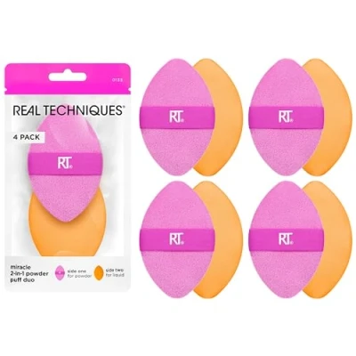 Imagen de Real Techniques Pack de 4 bolitas en polvo Miracle 2 1 de, para mezclar maquillaje doble cara, banda elástica reversible, crema y