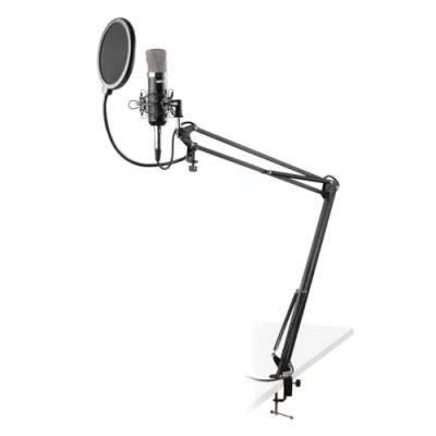 Imagen de Vonyx CMS400 Set microfono Condensador de Estudio, Soporte Mesa articulado, Anti Pop, Paravientos y Cable. Streaming, Podcast, Gaming, Youtube, para pc, Color: Negro Plateado