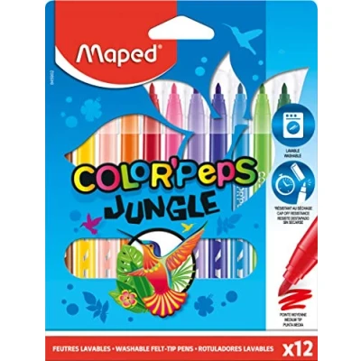 Imagen de Maped Rotuladores de Colores para Niños Color&#039;s Peps Jungle 12 Punta Gorda Tinta Ultra Lavable Gran Resistencia al Secado Variedad