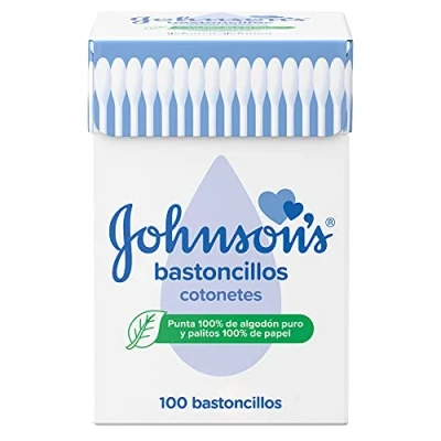 Imagen de Johnson&#039;s Baby bastoncillos para bebés, niños y adultos (1 caja x 100 unidades), los oídos con puntas 100% de algodón puro palitos papel