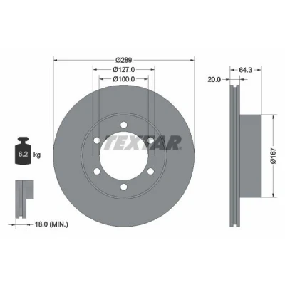 Imagen de TEXTAR 92076300 Disco de freno 289 20 06/06 127 ventilación interna sin perno sujeción rueda, buje rueda TOYOTA: HILUX 6 Pick up