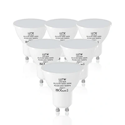 Imagen de LUTW Bombilla LED GU10 (3000 K, bombillas MR16, 5 W, equivalente de focos halógenos, 40 AC220 240 V, 505 lm, 120 grados, no regulable, ahorro energía, 6 unidades