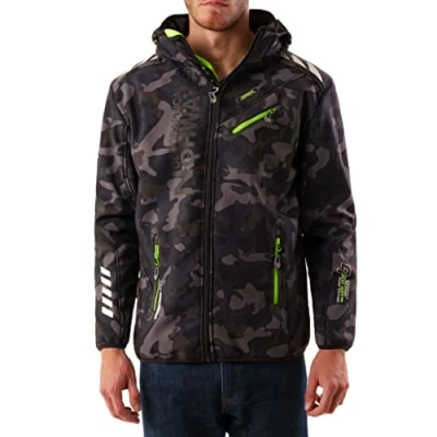 Imagen de Geographical Norway ROYAUTE MEN Chaqueta Softshell Impermeable Hombre Capucha Transpirable Exterior Cortavientos Invierno Actividades Aire Libre (CAMO Negro / Verde M)