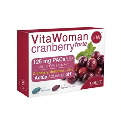 Imagen de Eladiet Complemento Alimenticio con Arándano Rojo, Metionina y Zinc Vita Woman Cranberry Forte 15 Comprimidos Azules Rojos Favorece el Buen Estado de las Vías Urinarias