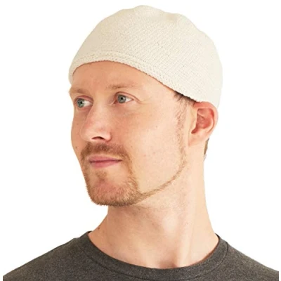 Imagen de CHARM Cráneo Gorra Islam Gorros Beanie Sombrero Kufi Mano Hecho Hombres Blanco M