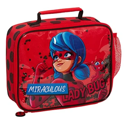 Imagen de Miraculous Lonchera para niñas, diseño de mariquita roja con lentejuelas móviles, escuela, viajes, soporte bebidas
