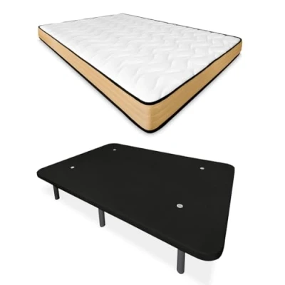 Imagen de Mattfy Cama Completa con Colchón Aura Reversible + Base Tapizada Reforzada Color Negro 6 Patas, Madera, 105 x 190